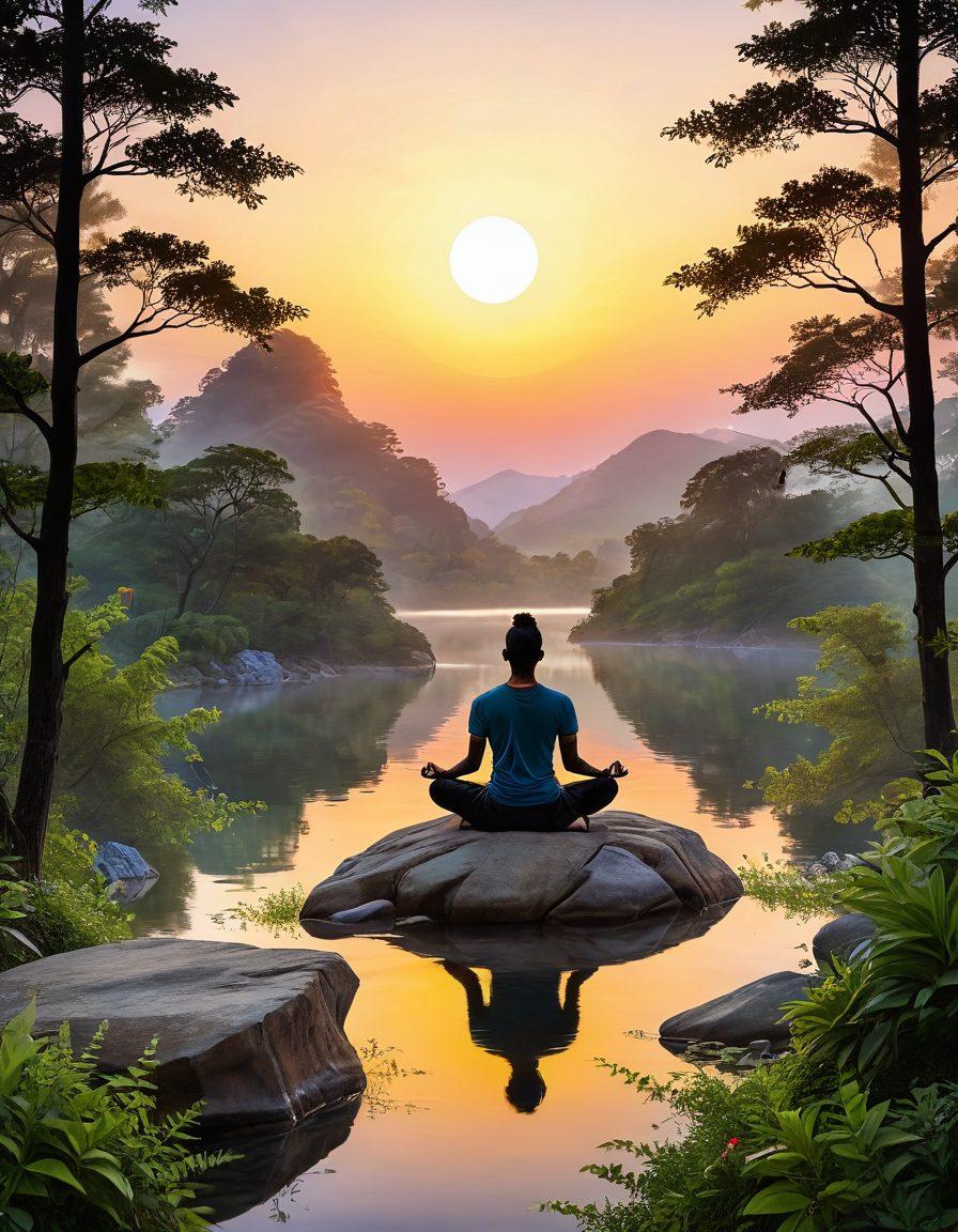 A serene landscape featuring a person meditating on a hilltop during sunrise, with calm waters and lush greenery in the background, symbolizing peace and balance. The person's aura radiates bright, positive colors, blending harmoniously with the natural surroundings. Add subtle glowing symbols representing mental health and positivity. super-realistic. vibrant colors. peaceful atmosphere.