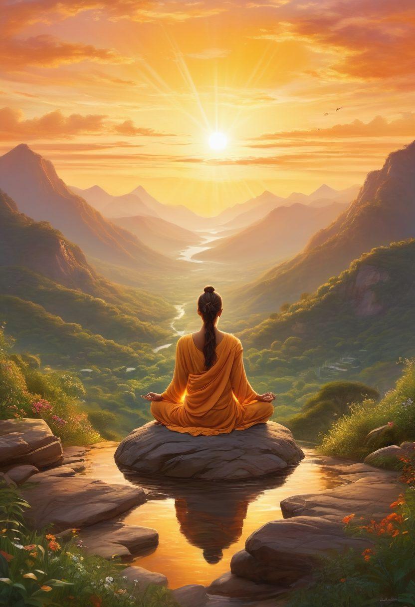 A serene person meditating atop a lush mountain peak during sunrise, golden light illuminating peace symbols and life paths flowing into a radiant heart. Abstract, flowing lines and warm colors blend harmoniously, reflecting a journey from inner tranquility to ultimate fulfillment. vibrant colors. spiritual and soulful.
