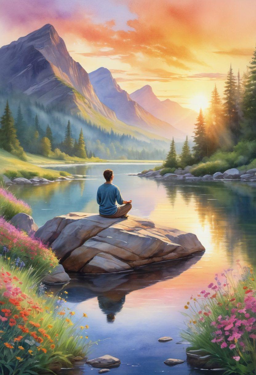 A serene mountain landscape at sunrise with a person meditating on a rock, radiating a bright, warm aura of positivity. Gentle rays of sunlight breaking through the clouds, illuminating blooming flowers and sparkling rivers in the valley below, symbolizing growth and well-being. Watercolor style with vibrant, soothing colors.